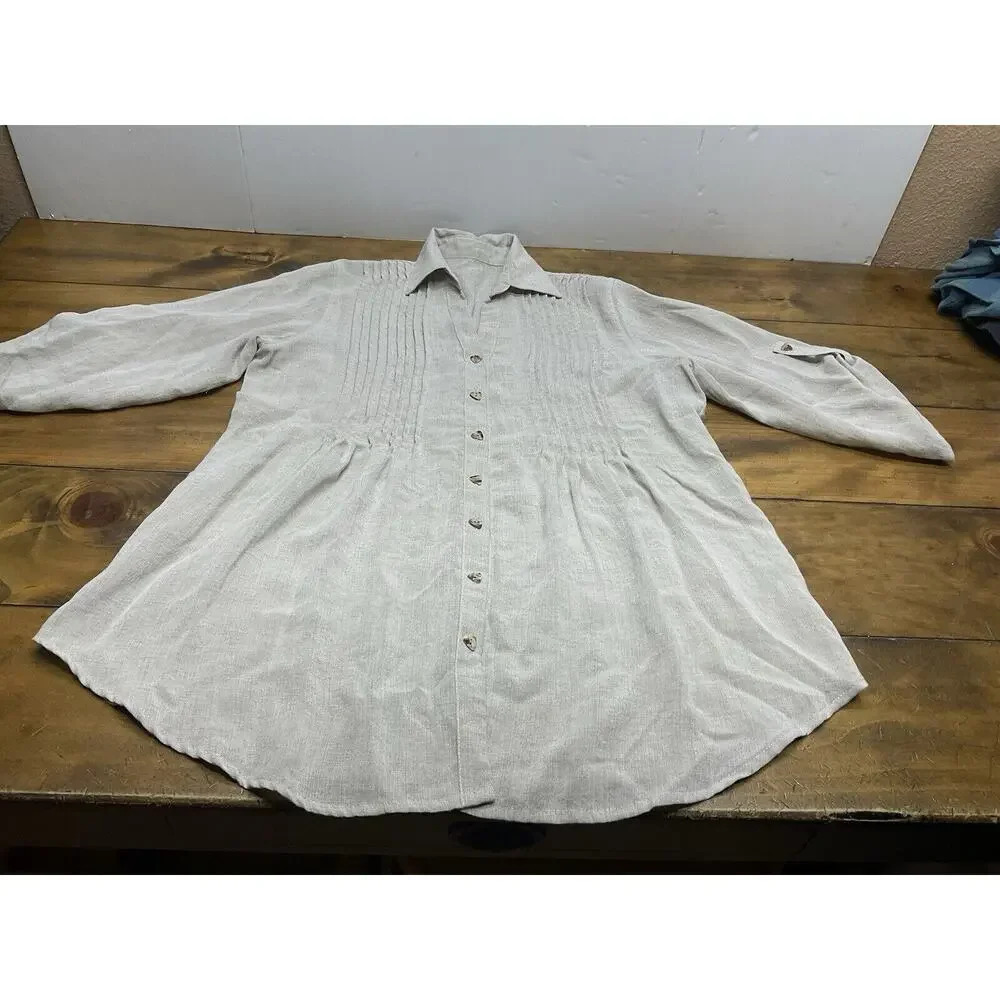 FRIDAZE Solid Beige Pleated 100% Linen Button Up Shirt Top Size Large Collared